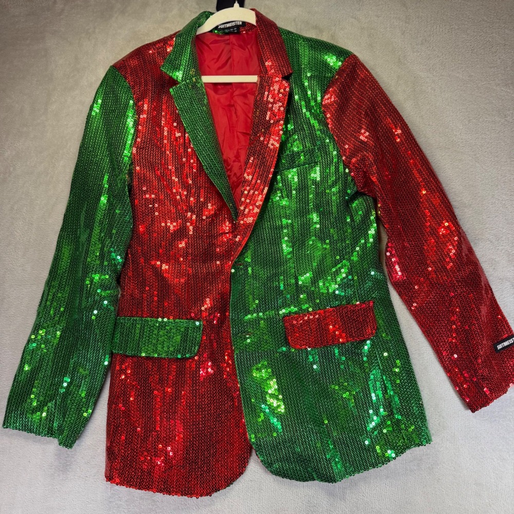 Suitmeister Christmas Sequin Blazer Red Green Two Tone Holiday Jacket Large 42 - Picture 1 of 7